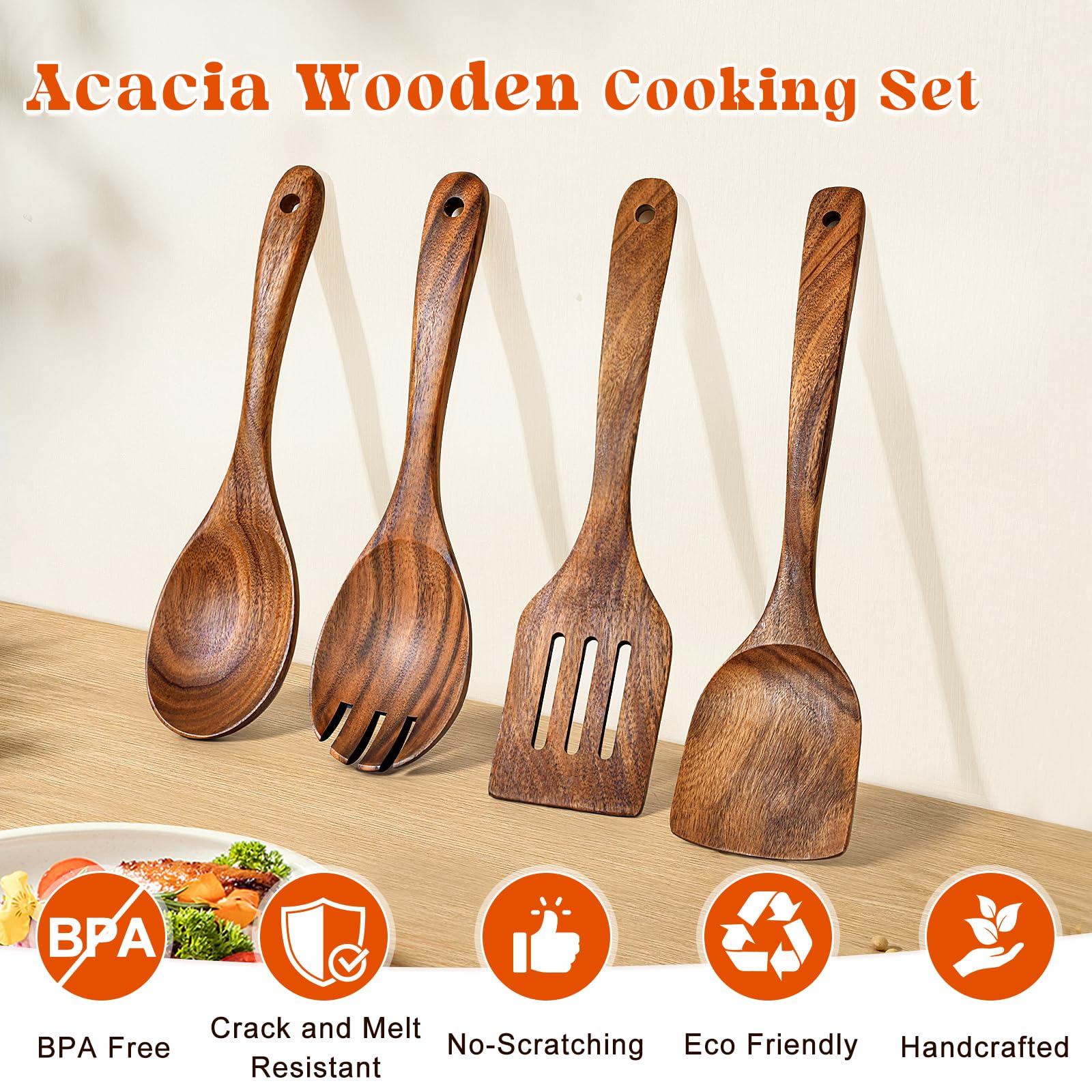 MemoGem wooden spatula with long handle and beveled edge for flipping
