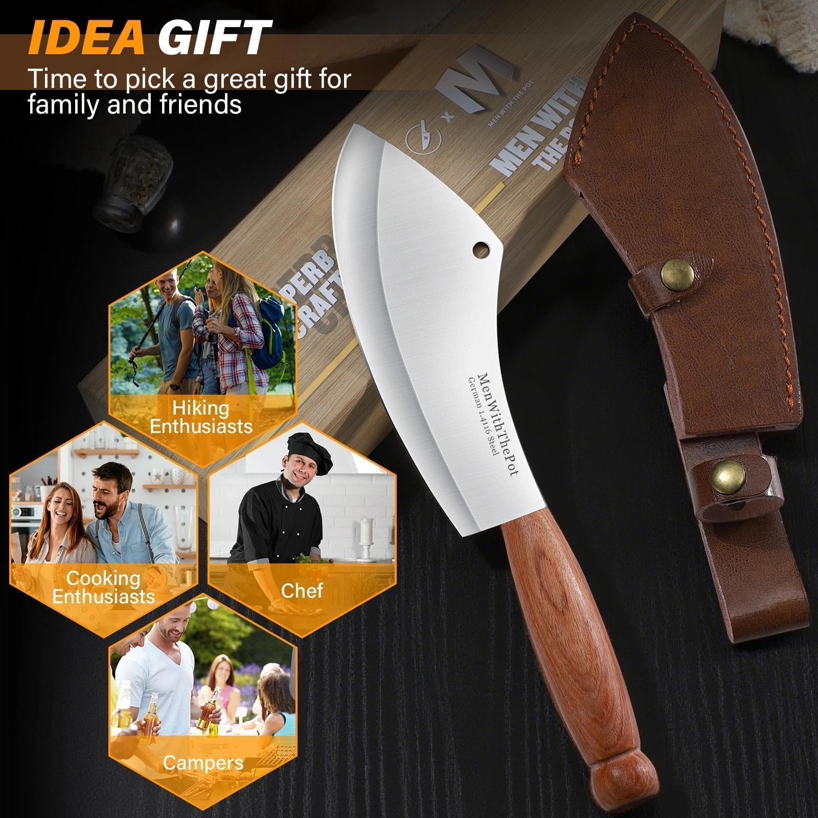 MEN WITH THE POT travel-friendly knife, easy to carry with sheath.