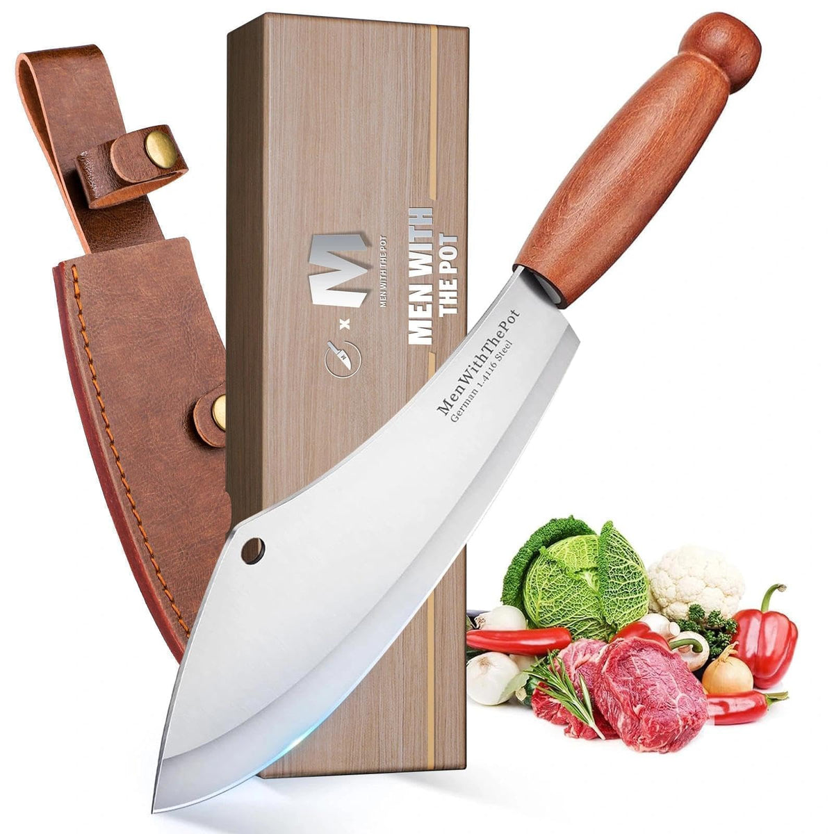 MEN WITH THE POT meat cleaver with ergonomic wooden handle for comfortable, secure chopping.