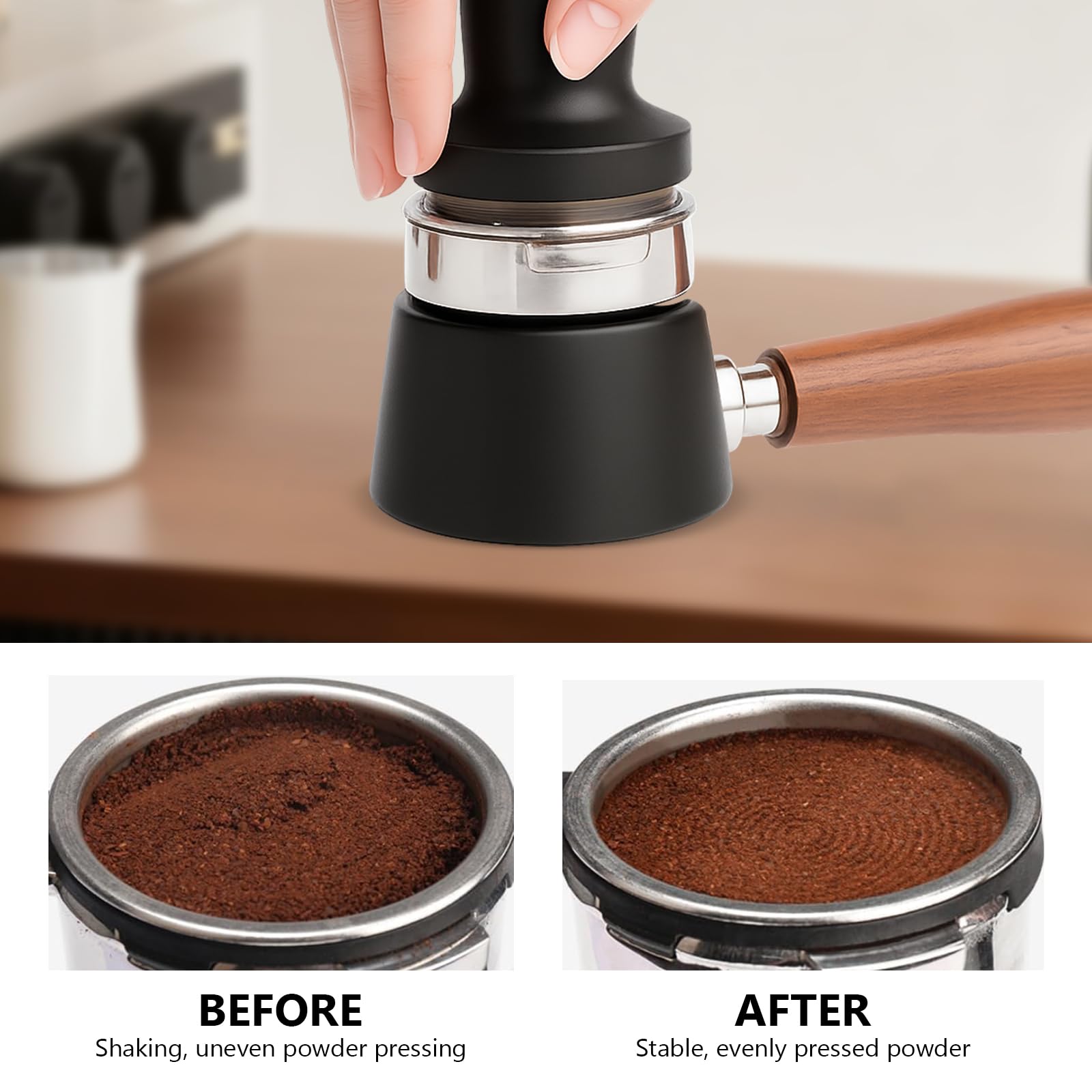 Menethil Luxe Cafe tamper base minimizes mess around the portafilter
