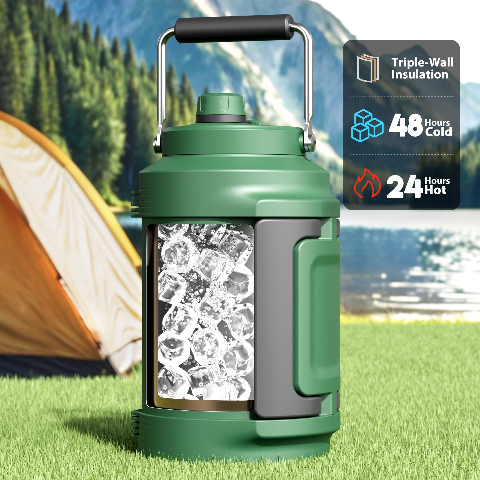 Meoky 128 oz insulated bottle with side handle for rough trails grip.