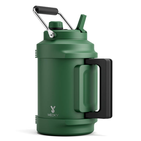 Meoky 128 oz insulated bottle with top handle for easy hiking transport.