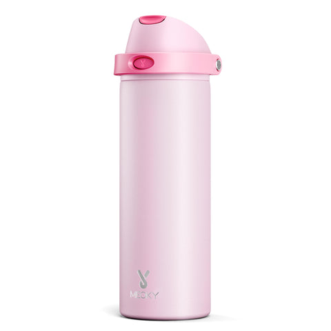 Meoky 24oz insulated blush bottle with dual lid for versatile hydration.