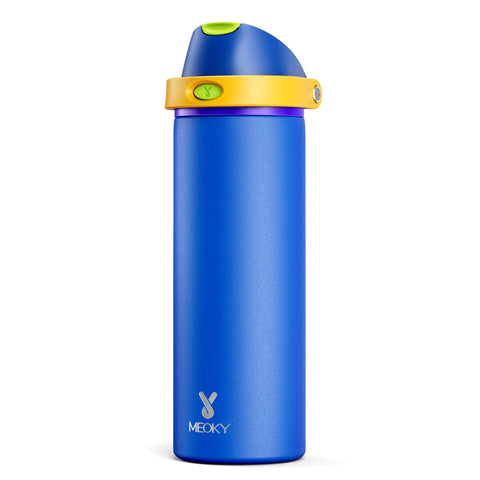 Meoky 24oz insulated water bottle with sapphire lid keeps drinks cold and spill-free.