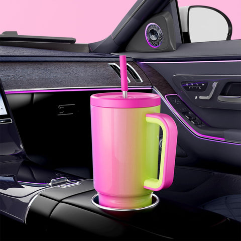 Meoky tumbler fits snugly in car cupholders for on‑the‑go use.