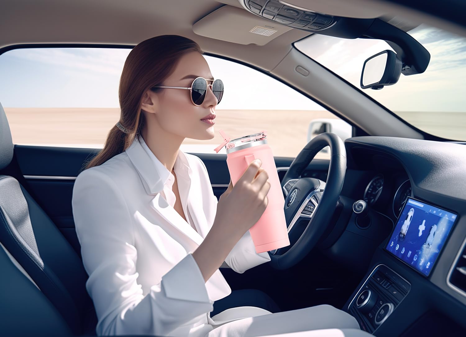 Meoky 32 oz tumbler cup-holder fit ensures easy placement in cars.