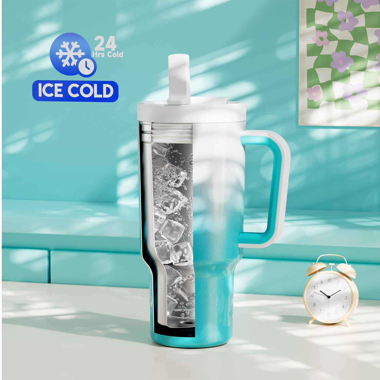 Meoky tumbler with flip straw lid closed for secure sipping