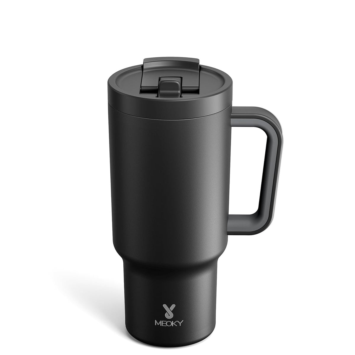 Meoky 32 oz tumbler with handle and flip straw for easy one-handed sipping.