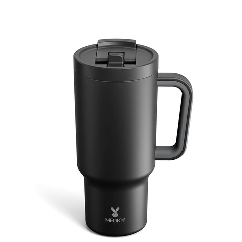 Meoky 32 oz tumbler with handle and flip straw for easy one-handed sipping.