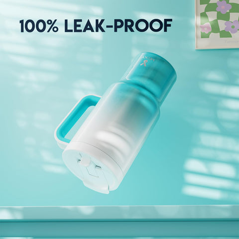 Meoky 32 oz leak-proof tumbler with double-thread lid in action