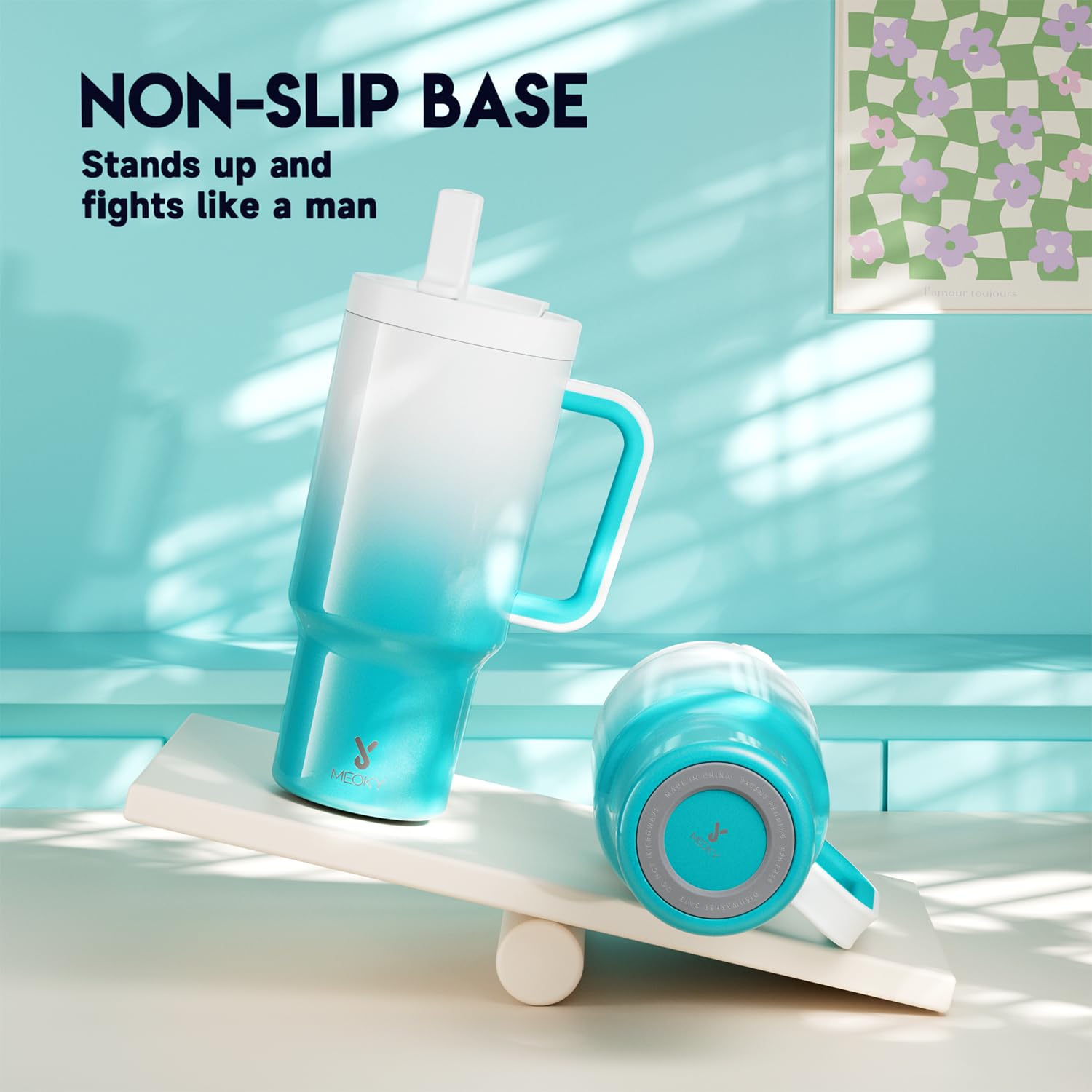 Azure Meoky tumbler showcasing vibrant finish and cold drink capability