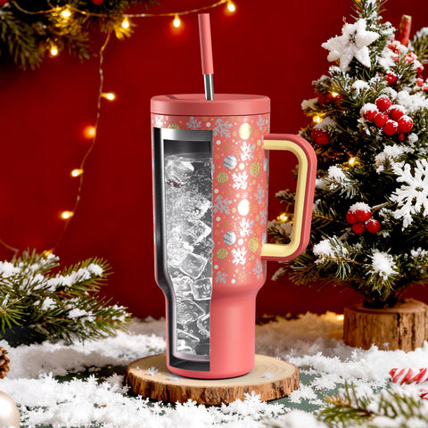Meoky 40oz insulated Christmas mug maintains cold drinks on holiday outings.