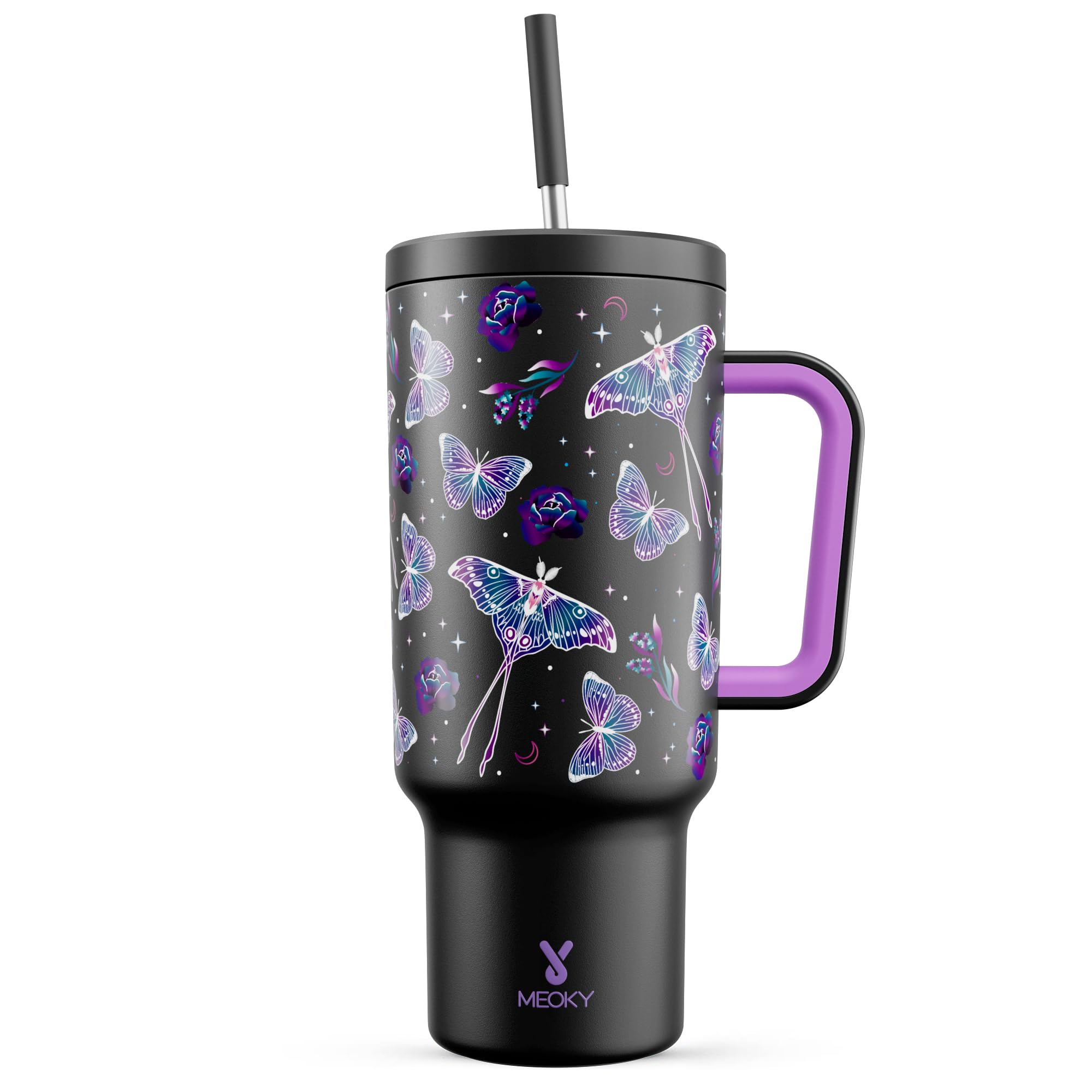 Meoky 40 oz glow butterfly tumbler glows after light exposure for nighttime visibility.