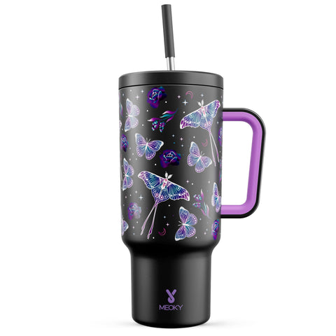 Meoky 40 oz glow butterfly tumbler glows after light exposure for nighttime visibility.