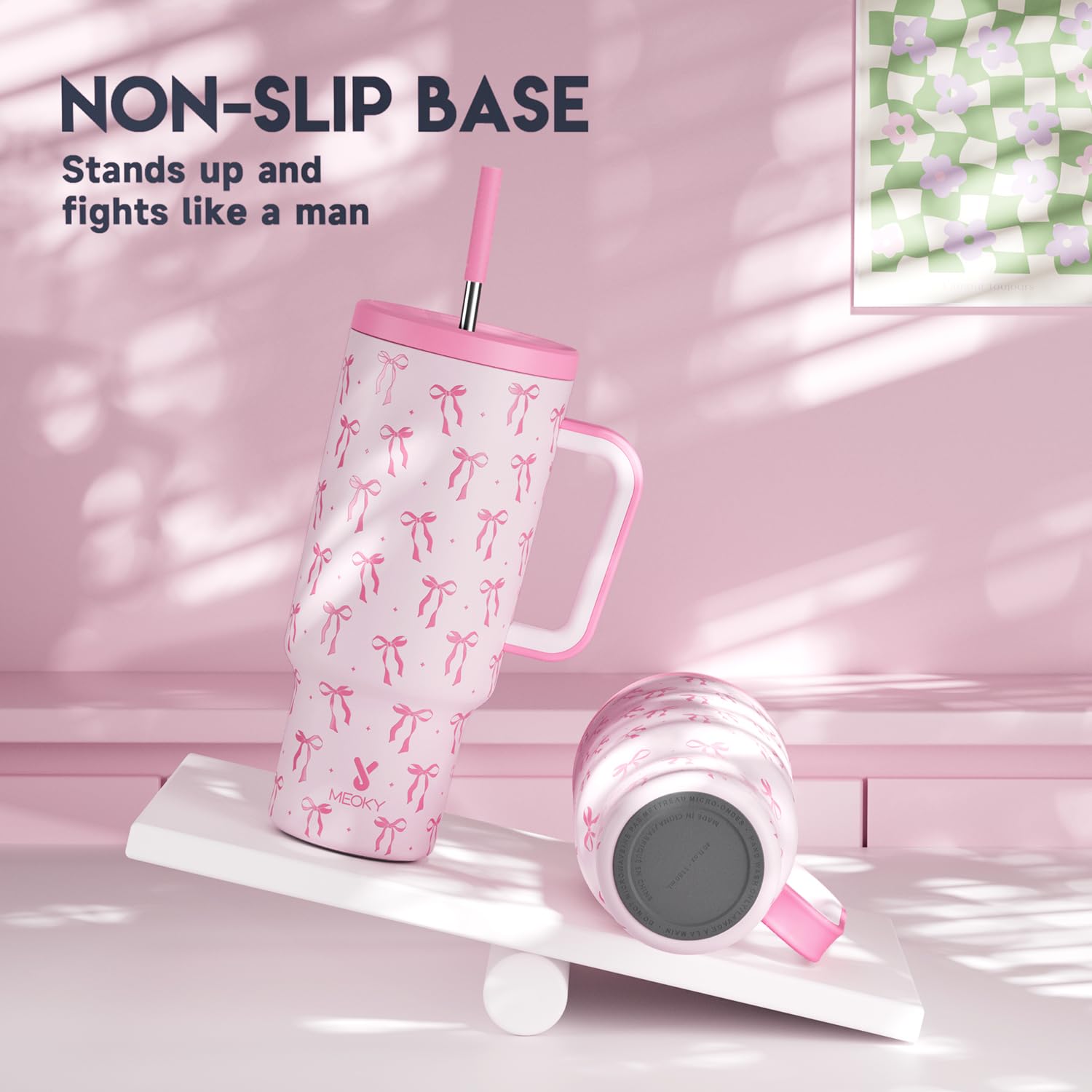 Meoky 40 oz tumbler placed in a car cup holder for a compact fit.