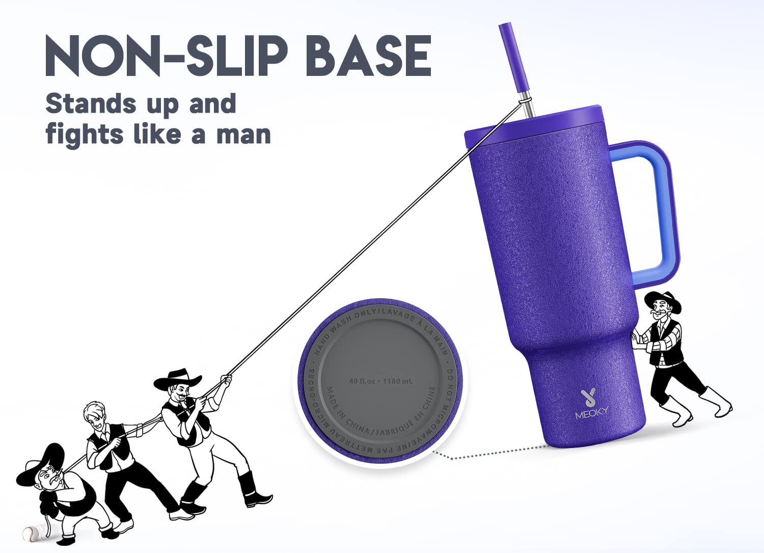 Meoky 40oz tumbler fits most cup holders for easy commuting.