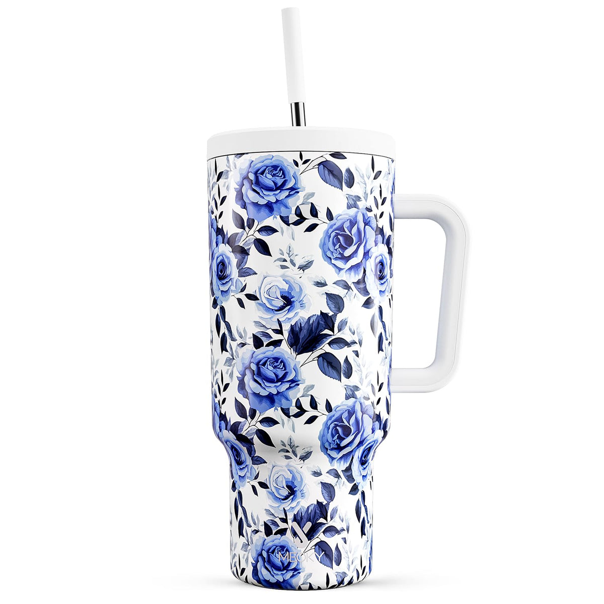 Meoky 40oz tumbler with blue rose finish, handle and straw for easy on the go hydration