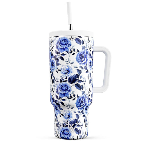 Meoky 40oz tumbler with blue rose finish, handle and straw for easy on the go hydration