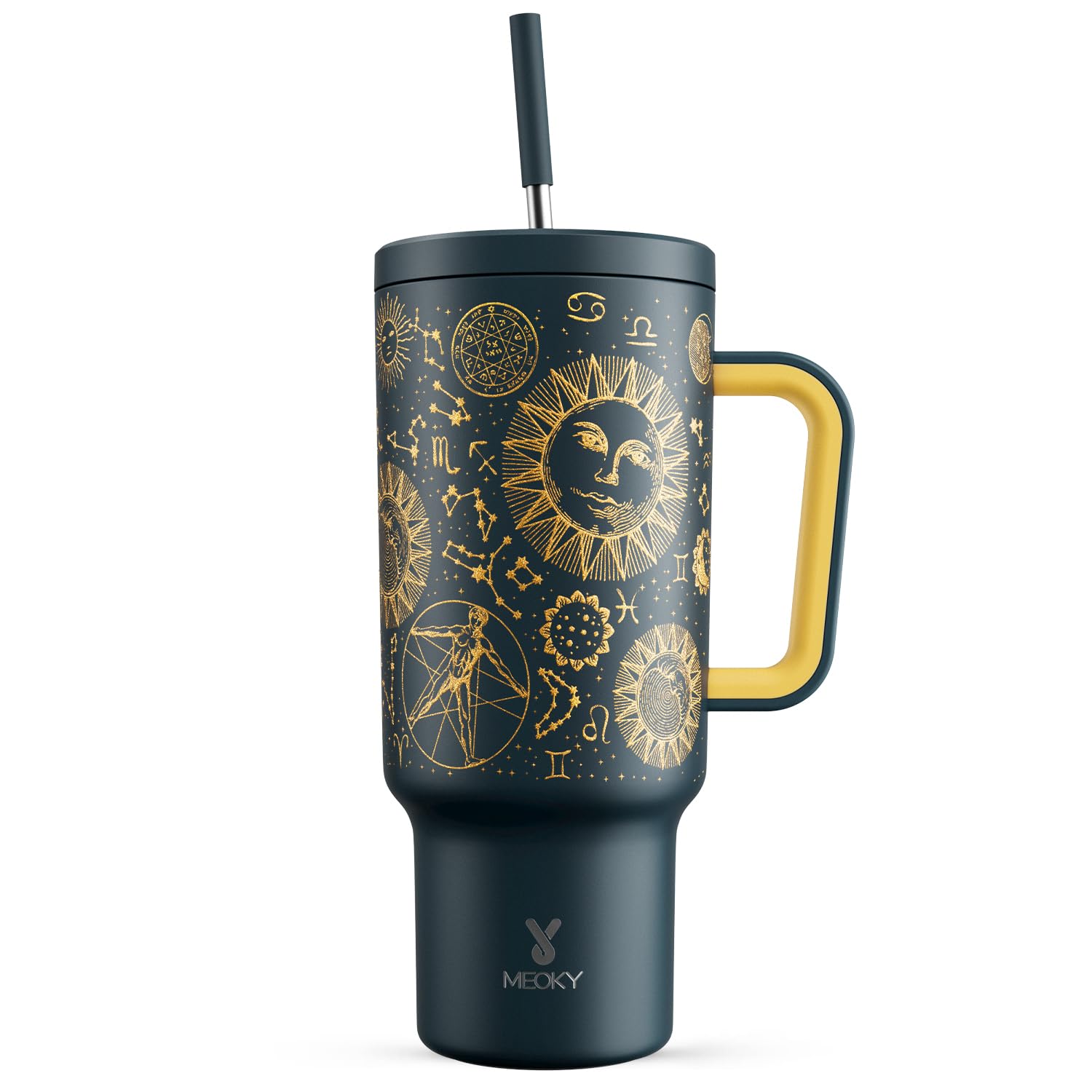 Meoky 40 oz tumbler with handle and straw shows a secure grip and leak-resistant design.