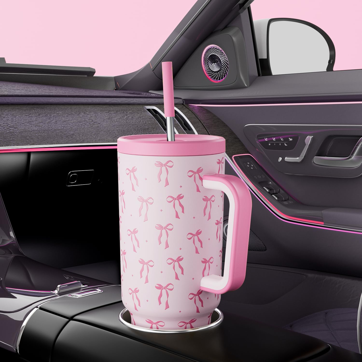 Meoky 40 oz tumbler with non-slip base to prevent wobble during use.