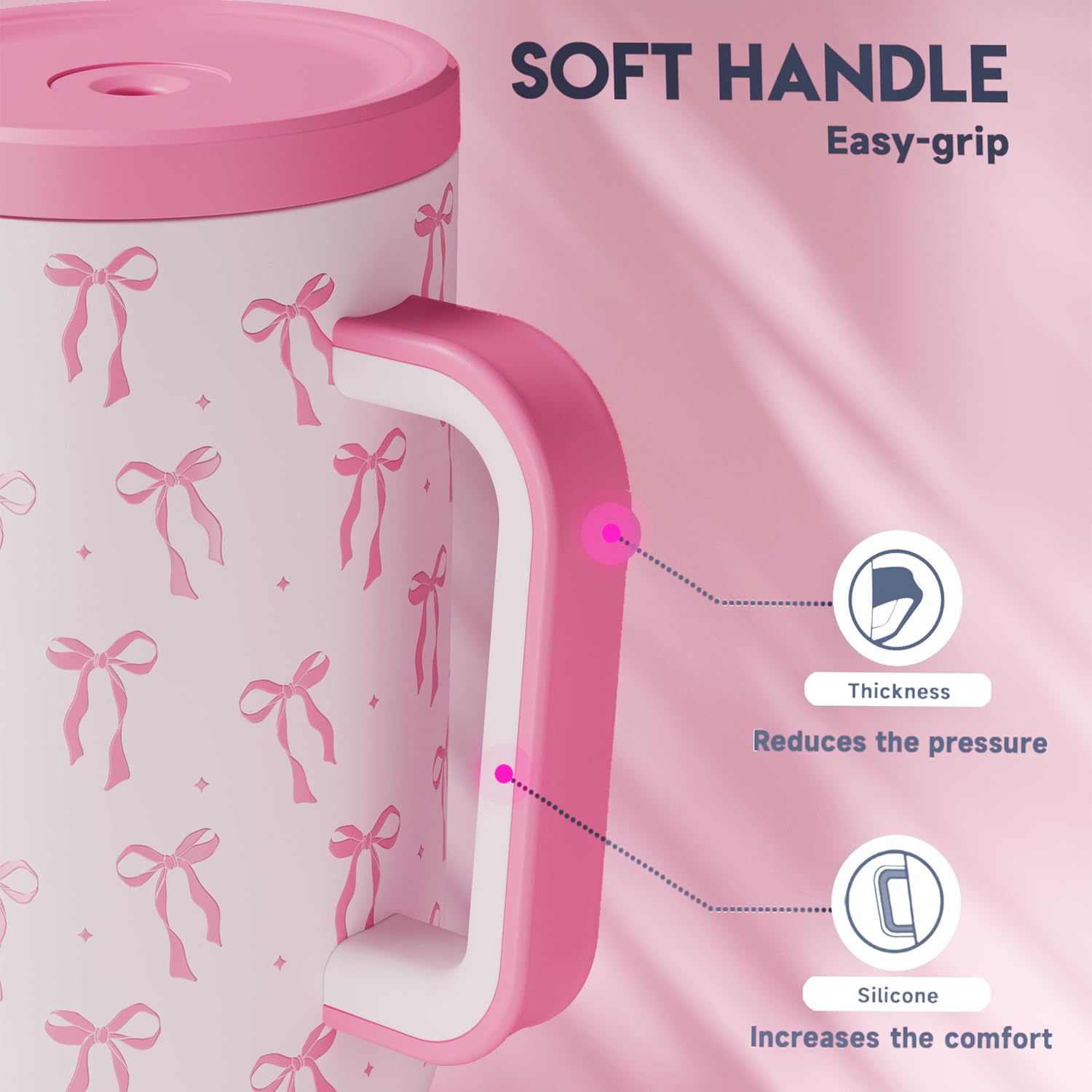 Meoky 40 oz tumbler with thick handle provides a comfortable grip.
