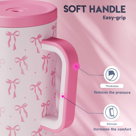 Meoky 40 oz tumbler with thick handle provides a comfortable grip.