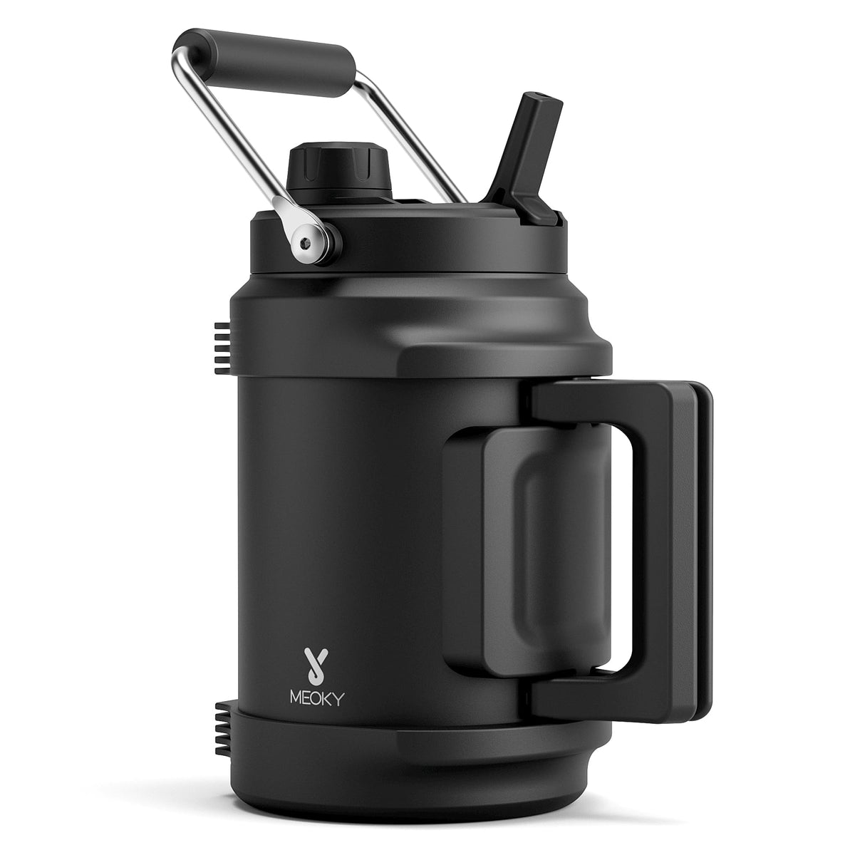 Meoky 64oz insulated bottle with a top handle for quick hydration on the go.