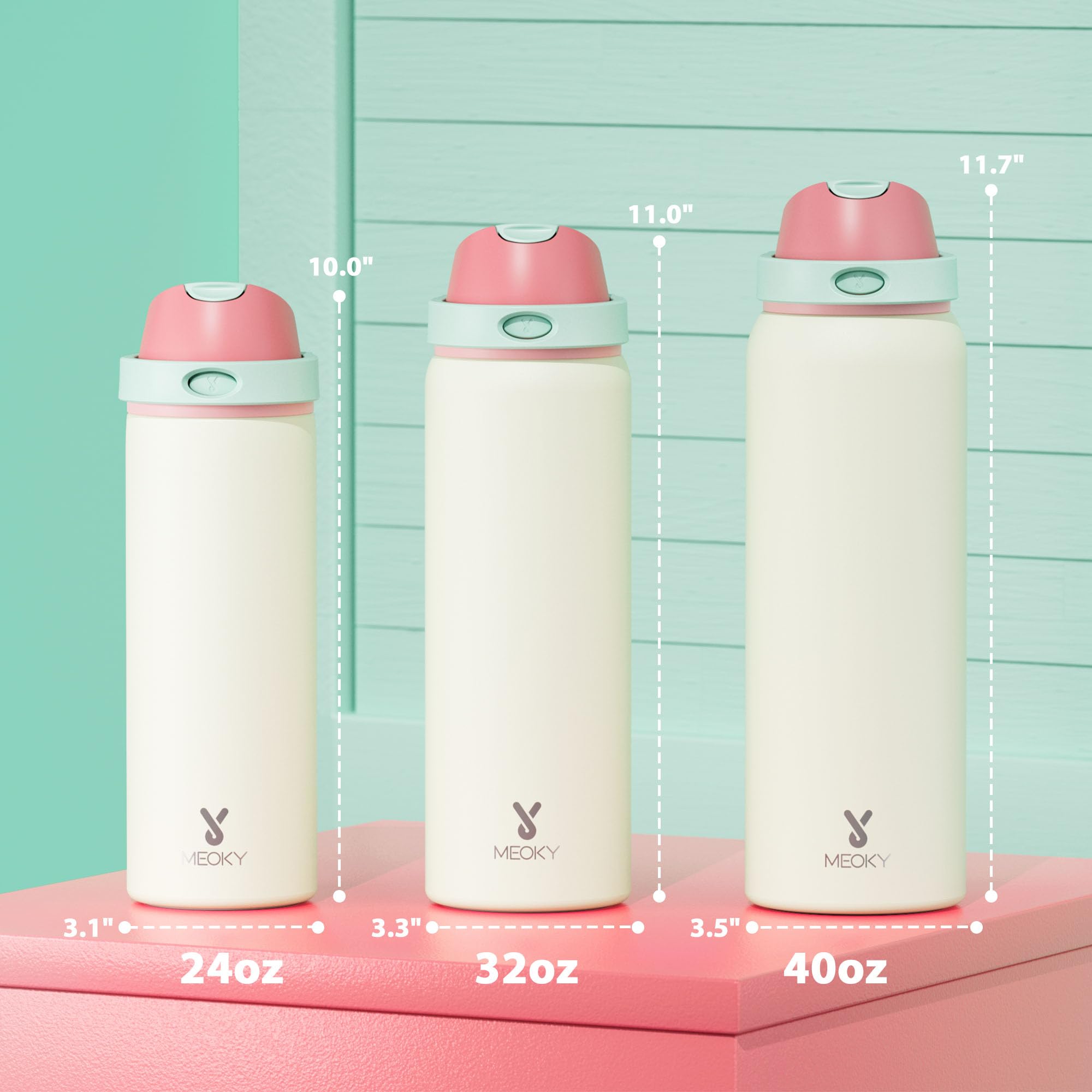 Meoky bottle features push-button spout for quick swigs on the go.
