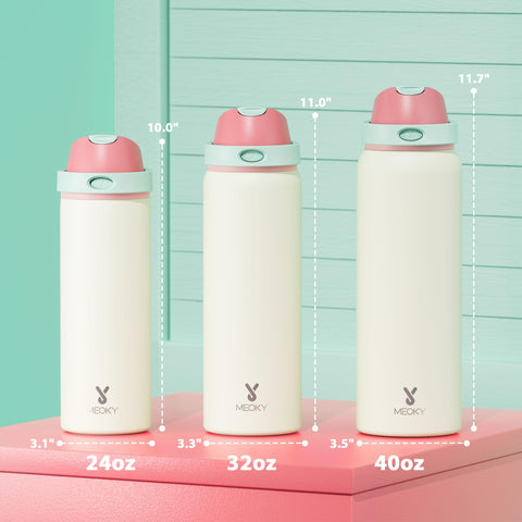 Meoky bottle features push-button spout for quick swigs on the go.