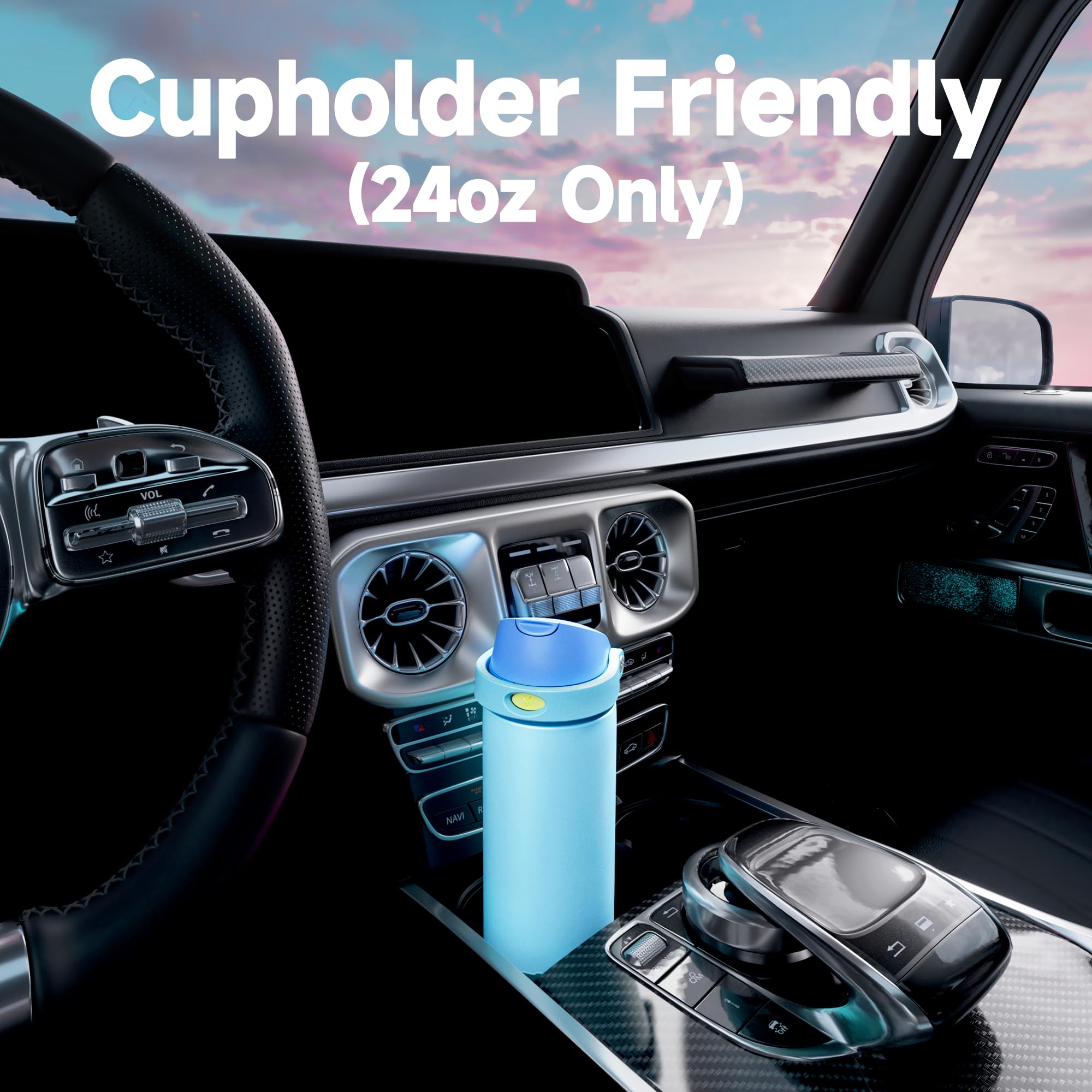 Meoky bottle fits most car cup holders for travel and commuting.