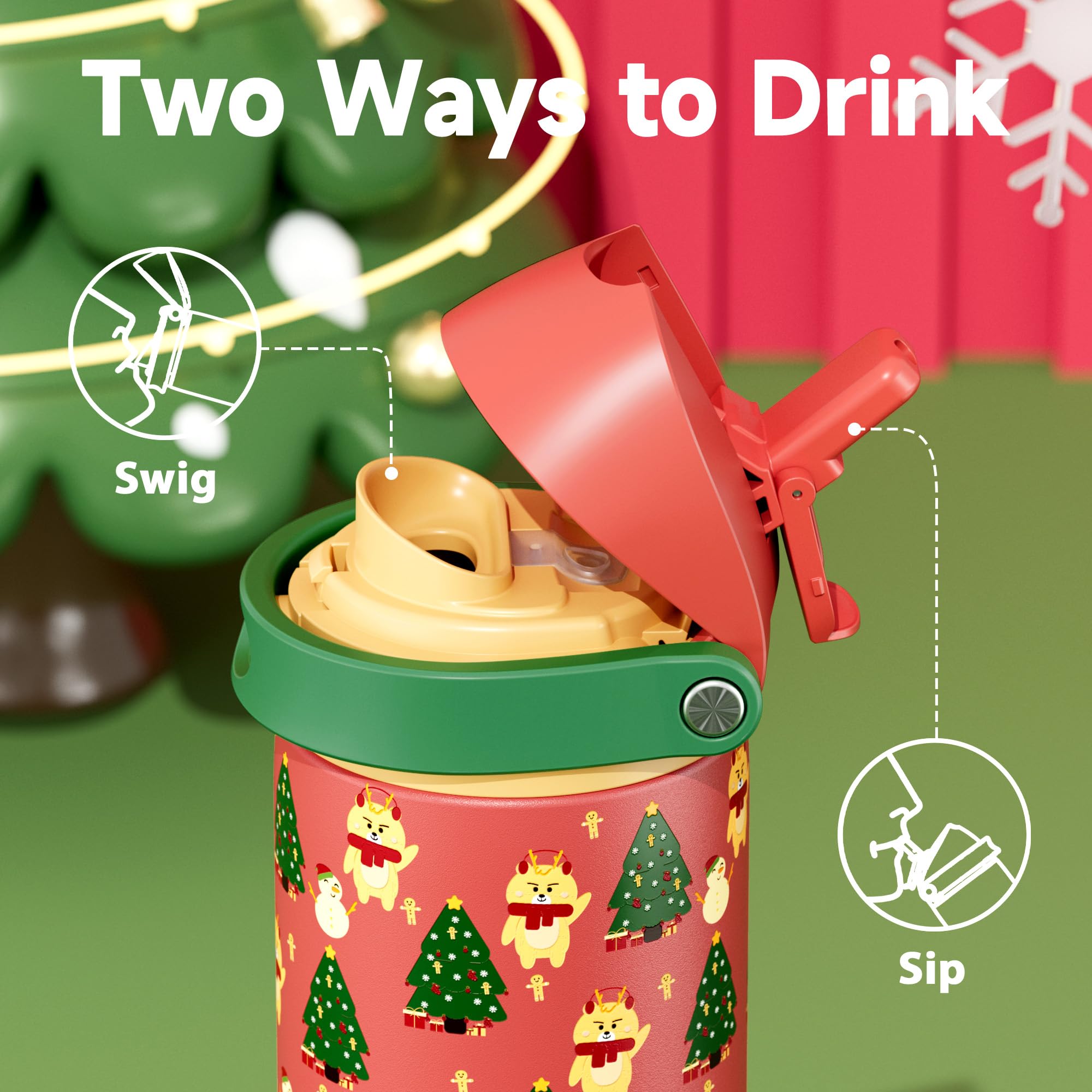 Meoky Christmas bottle with leak-proof closure to prevent spills.