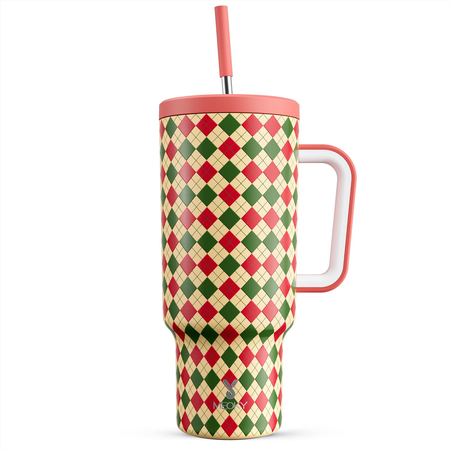 Meoky Christmas tumbler with handle and straw for festive sipping on the go.
