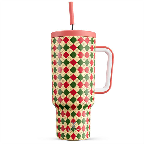 Meoky Christmas tumbler with handle and straw for festive sipping on the go.