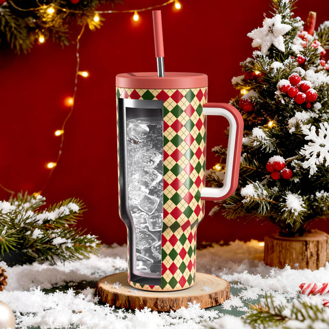 Meoky Christmas tumbler with leakproof lid for secure travel.
