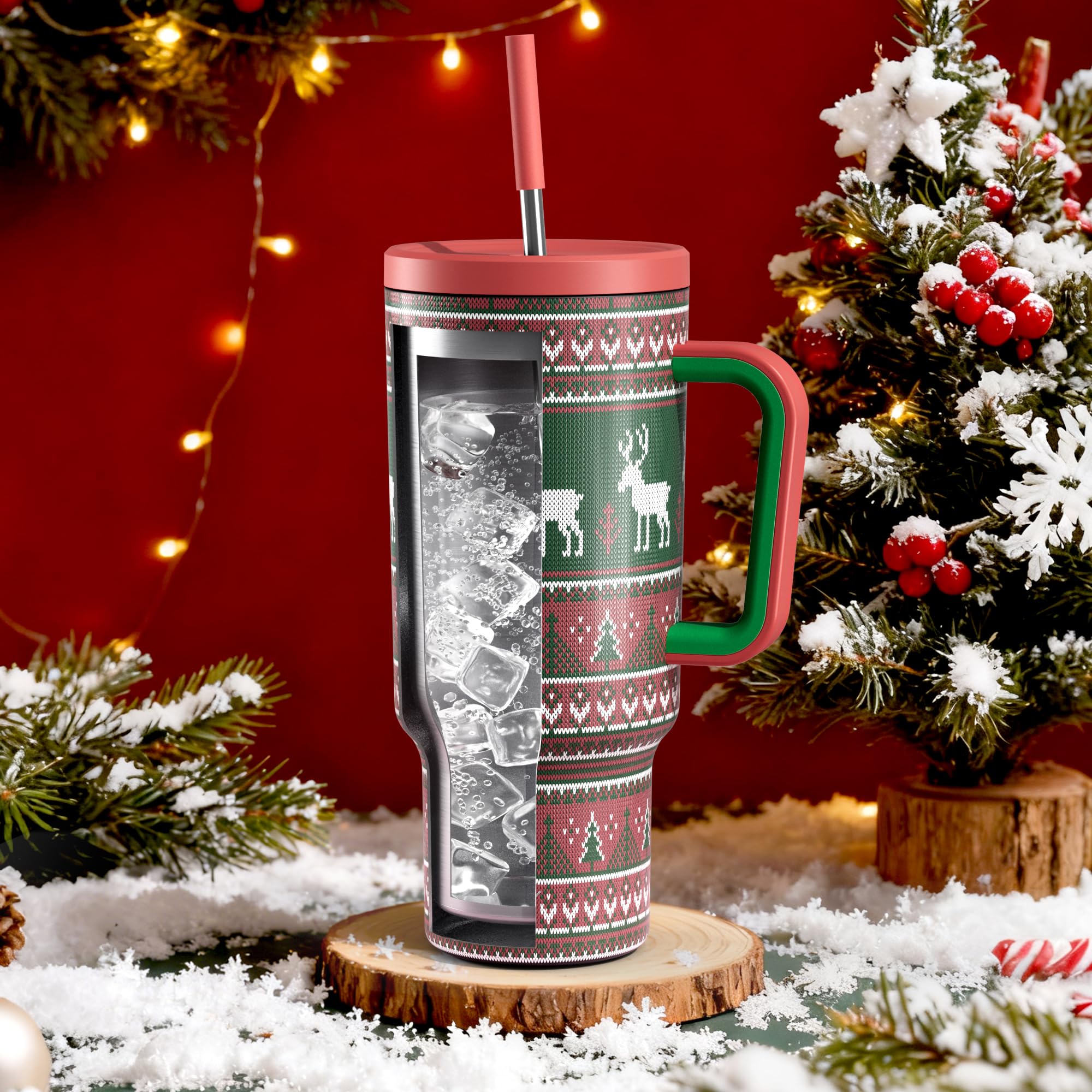 Meoky Christmas tumbler with lid and straw for spill-free travel