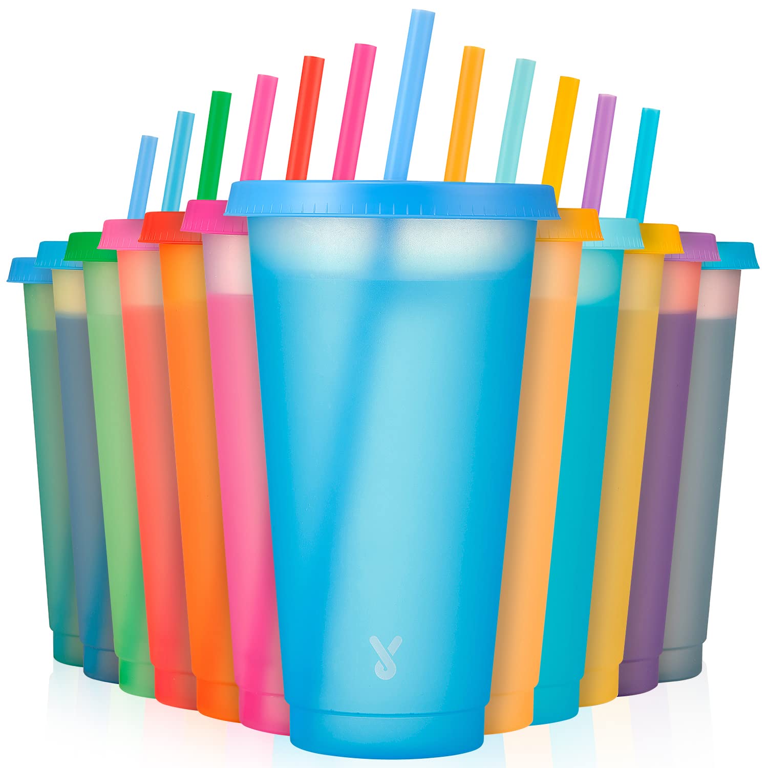 Meoky color changing cups set with lids and straws, vibrant hues for iced beverages.