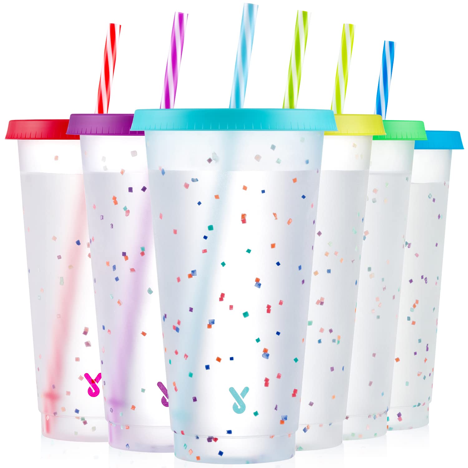Meoky confetti color-changing cups with lids and straws, color shifts when cold for a playful look.