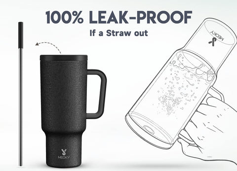 Meoky insulated stainless steel travel mug maintains beverage temperature
