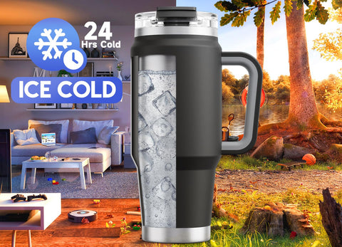 Meoky insulated travel mug keeps drinks cold up to 24 hours.