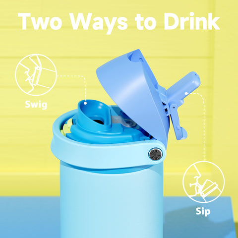 Meoky bottle with leak-proof seal and locking carry loop in action.