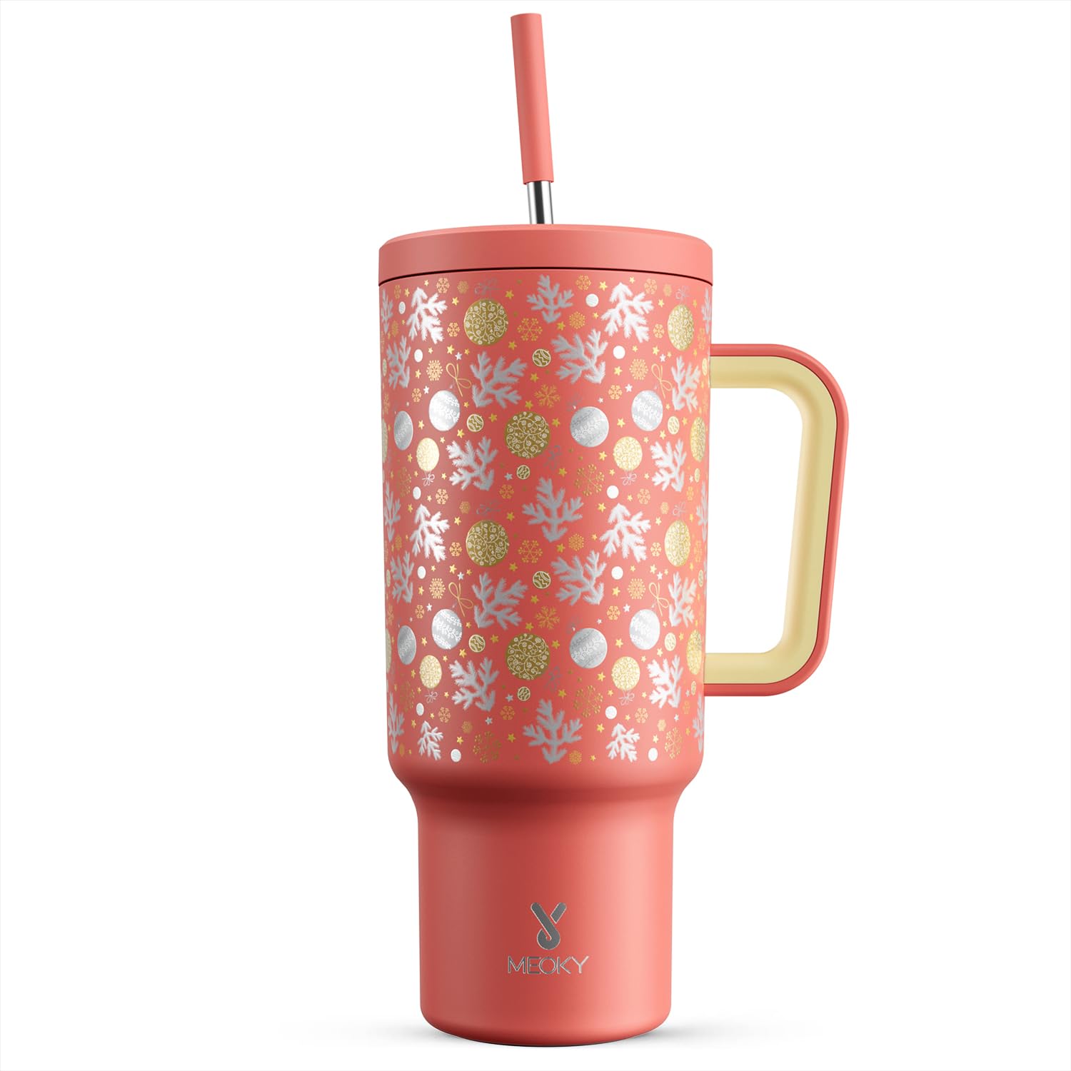 Meoky Merry Bells tumbler with handle and straw keeps cocoa warm during cozy evenings.