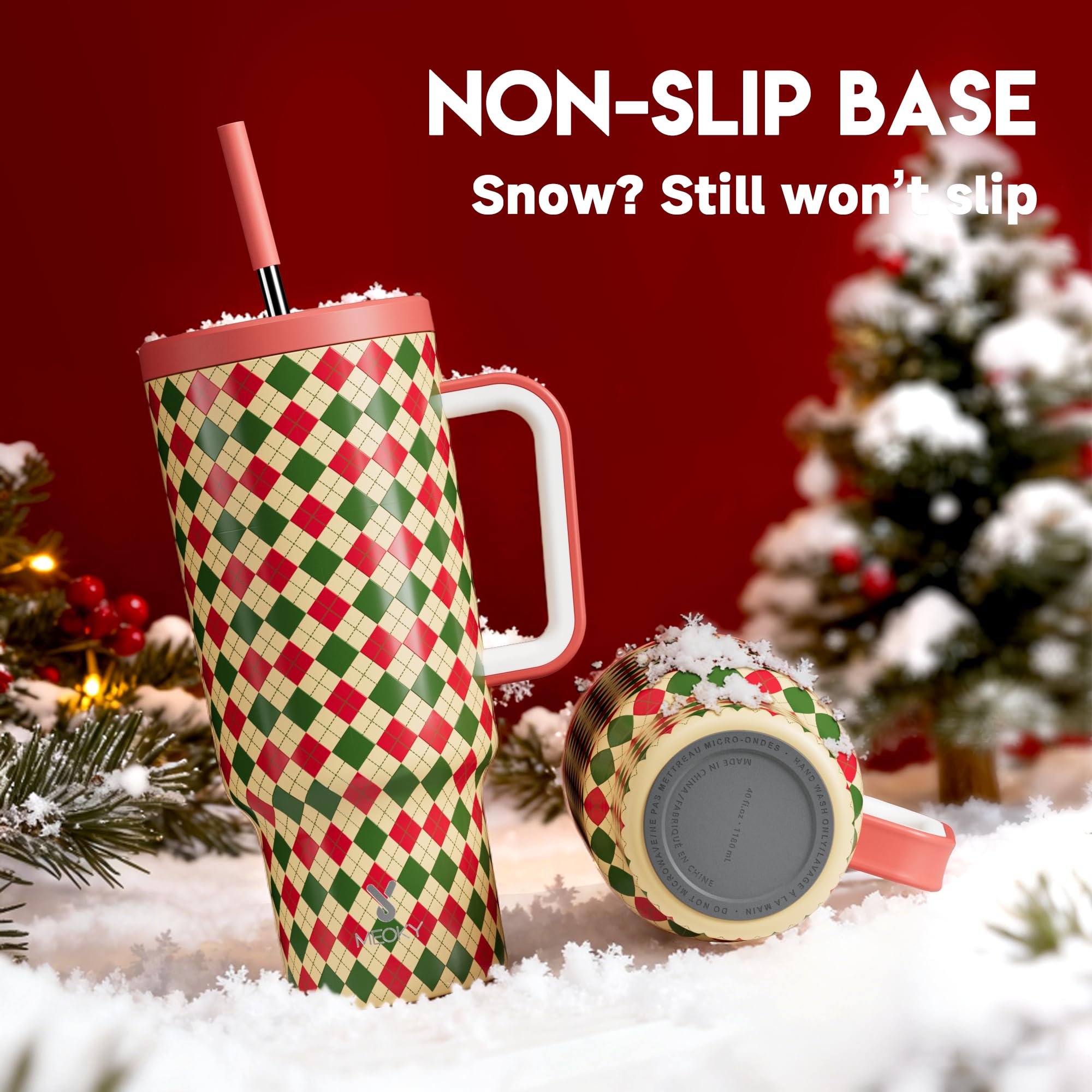 Meoky non-slip base keeps the tumbler steady on slick surfaces.