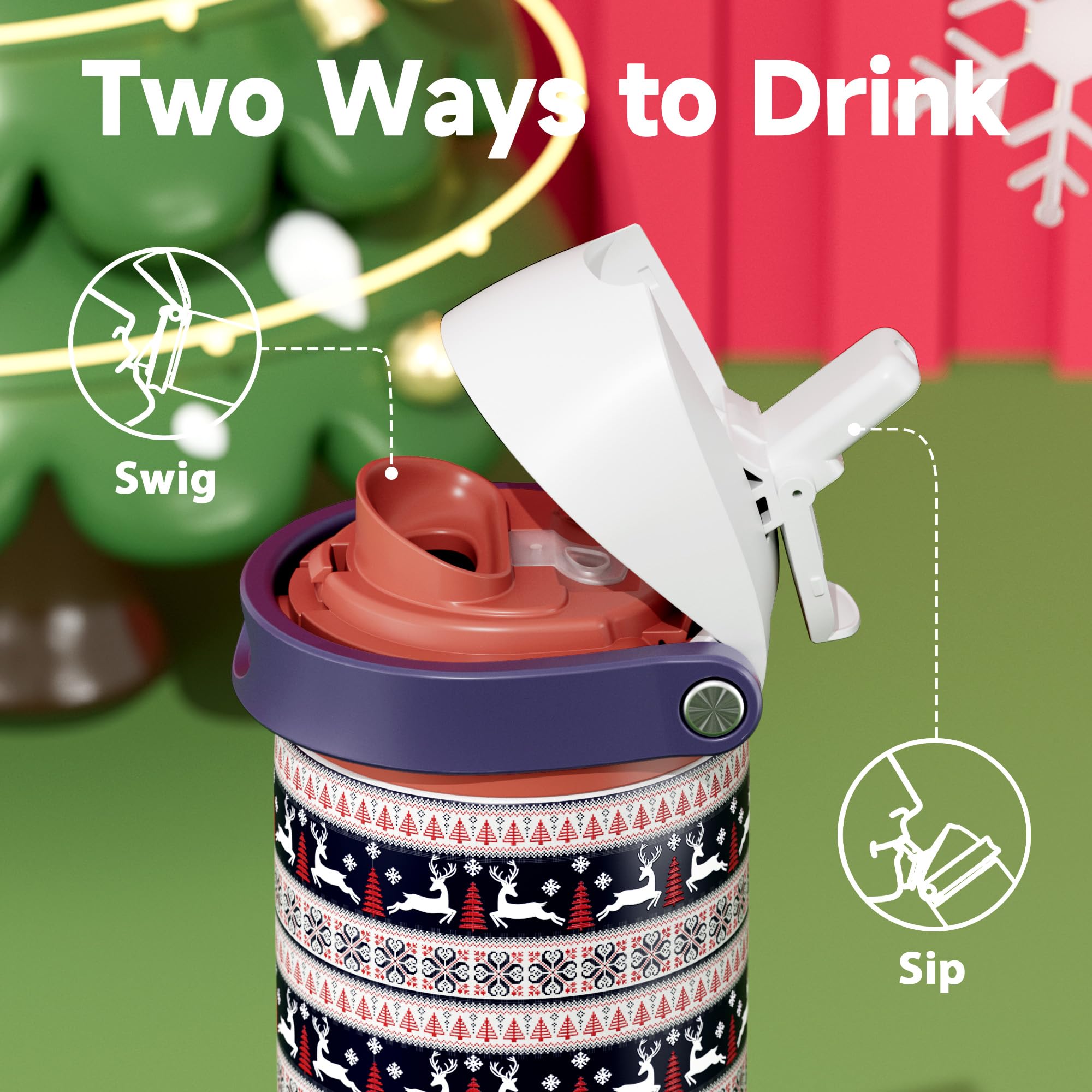 Meoky push button spout lid bottle for quick swigs on the go