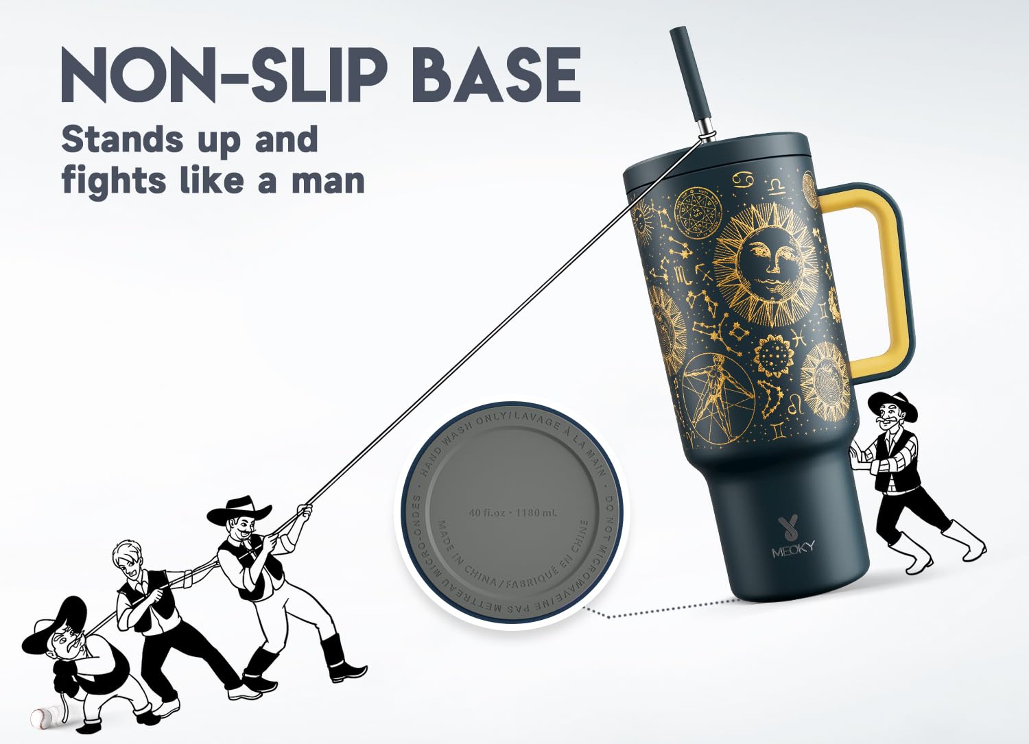 Meoky straw with silicone tip reduces metallic taste during sips.