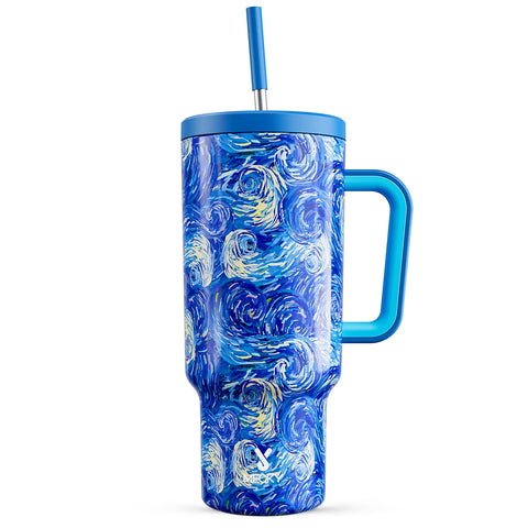 Meoky 40 oz tumbler with handle and straw for easy grip during travel.