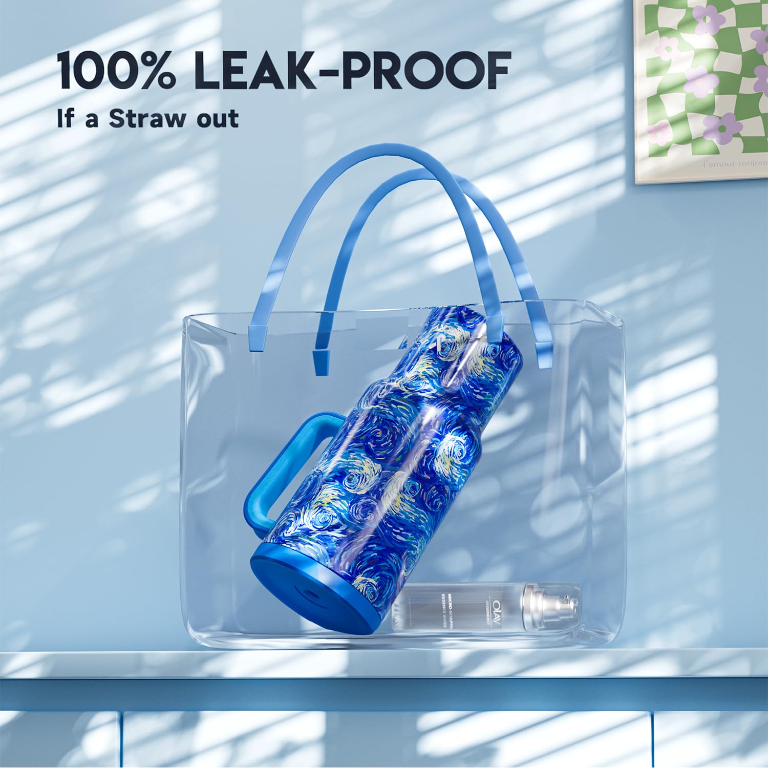 Leakproof lid with straw prevents spills in car and bag.