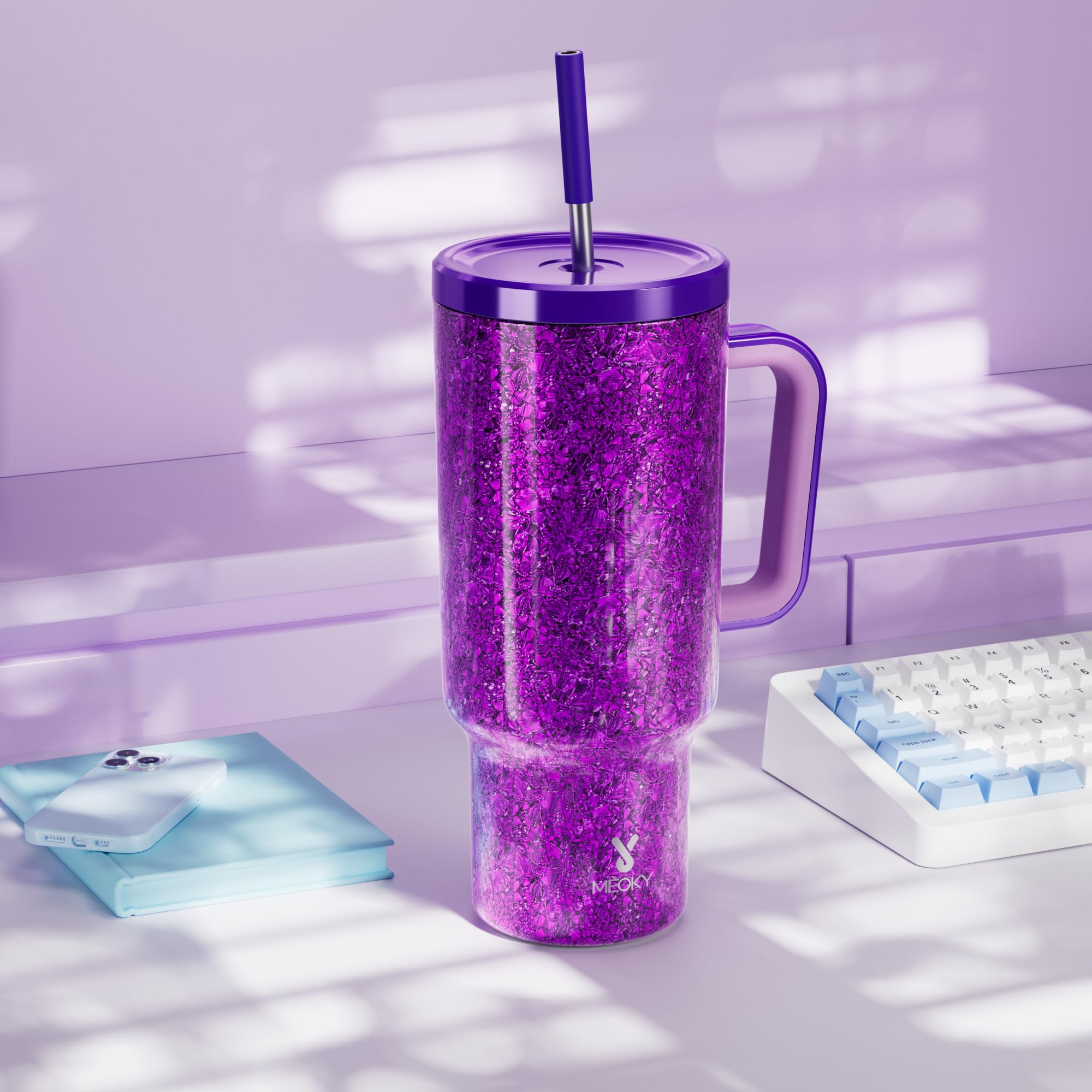 Meoky tumbler with non-slip base stays steady on desks and in cup holders.