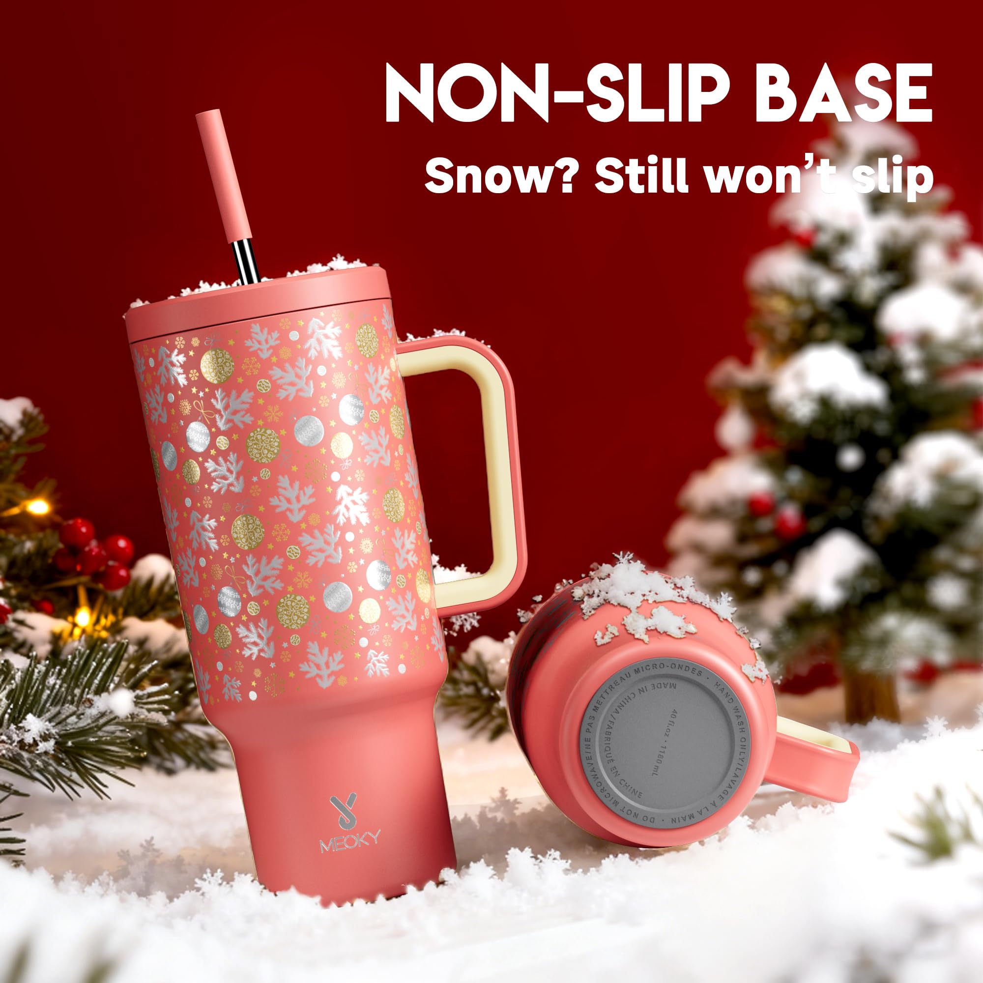 Meoky tumbler with wide handle offers comfy grip on chilly days.