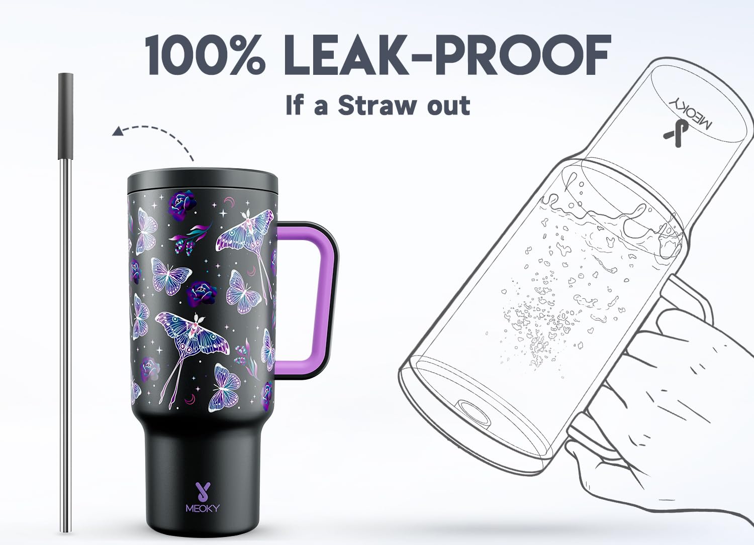 Meoky 40 oz tumbler showing the ergonomic, wide handle for a comfortable grip outdoors.