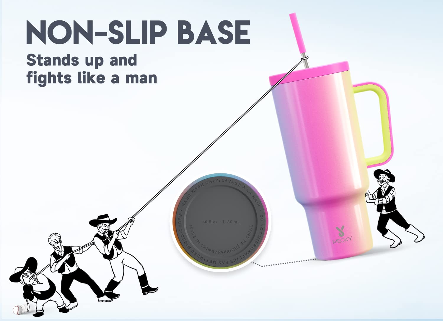 Meoky wide silicone-handle grip eases lifting and pouring.